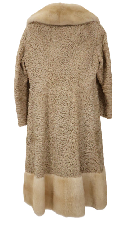 PRE-OWNED BEIGE DYED LAMB COAT W/ MINK NOTCH COLLAR & BORDER