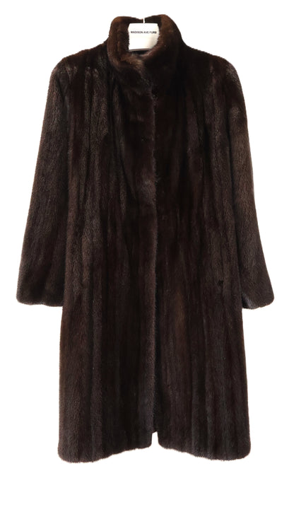 PRE-OWNED MAHOGANY MINK COAT W/ STAND COLLAR, STRAIGHT SLEEVES & INSIDE DRAWSTRING AT WAIST