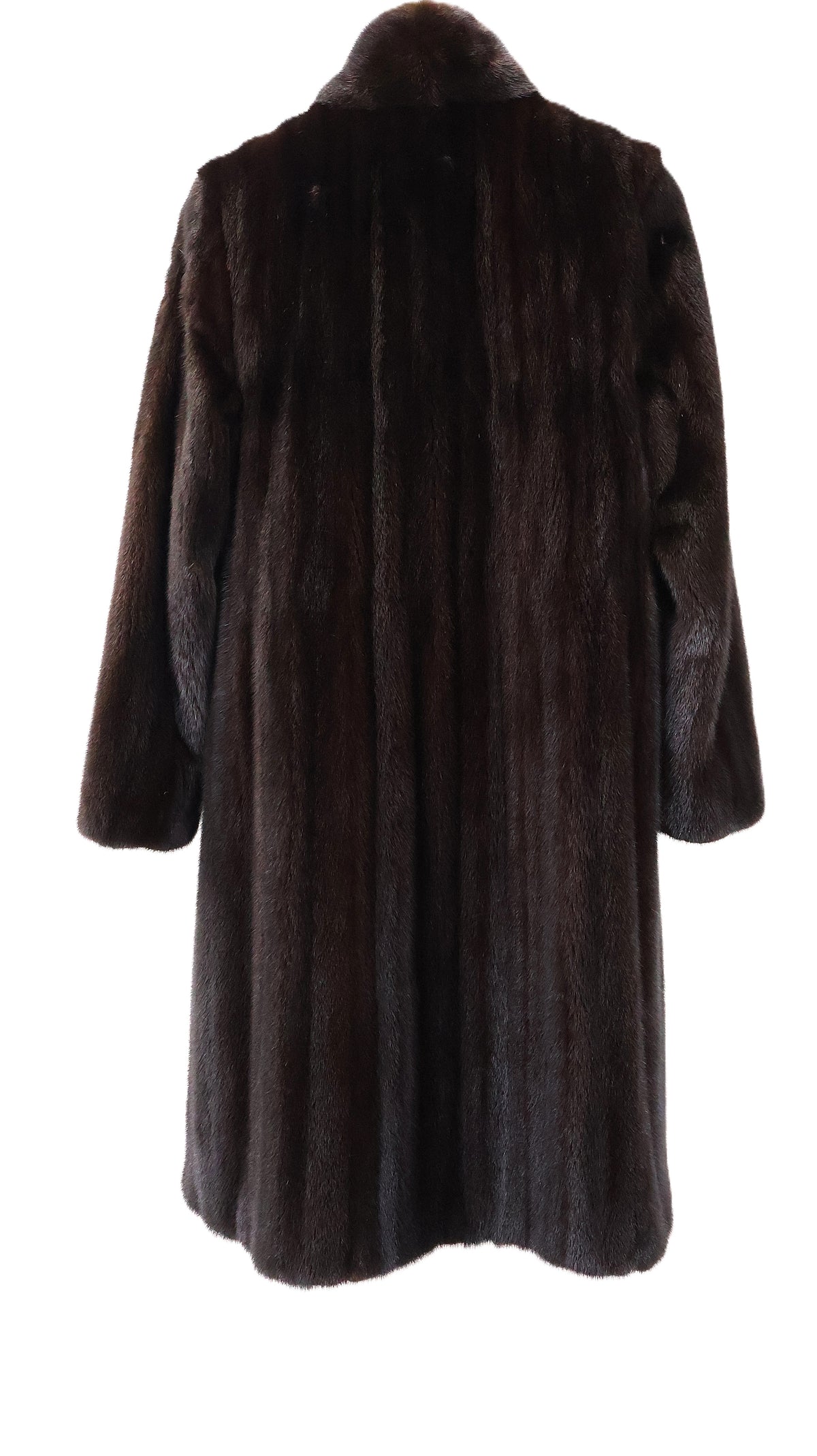 PRE-OWNED MAHOGANY MINK COAT W/ STAND COLLAR, STRAIGHT SLEEVES & INSIDE DRAWSTRING AT WAIST