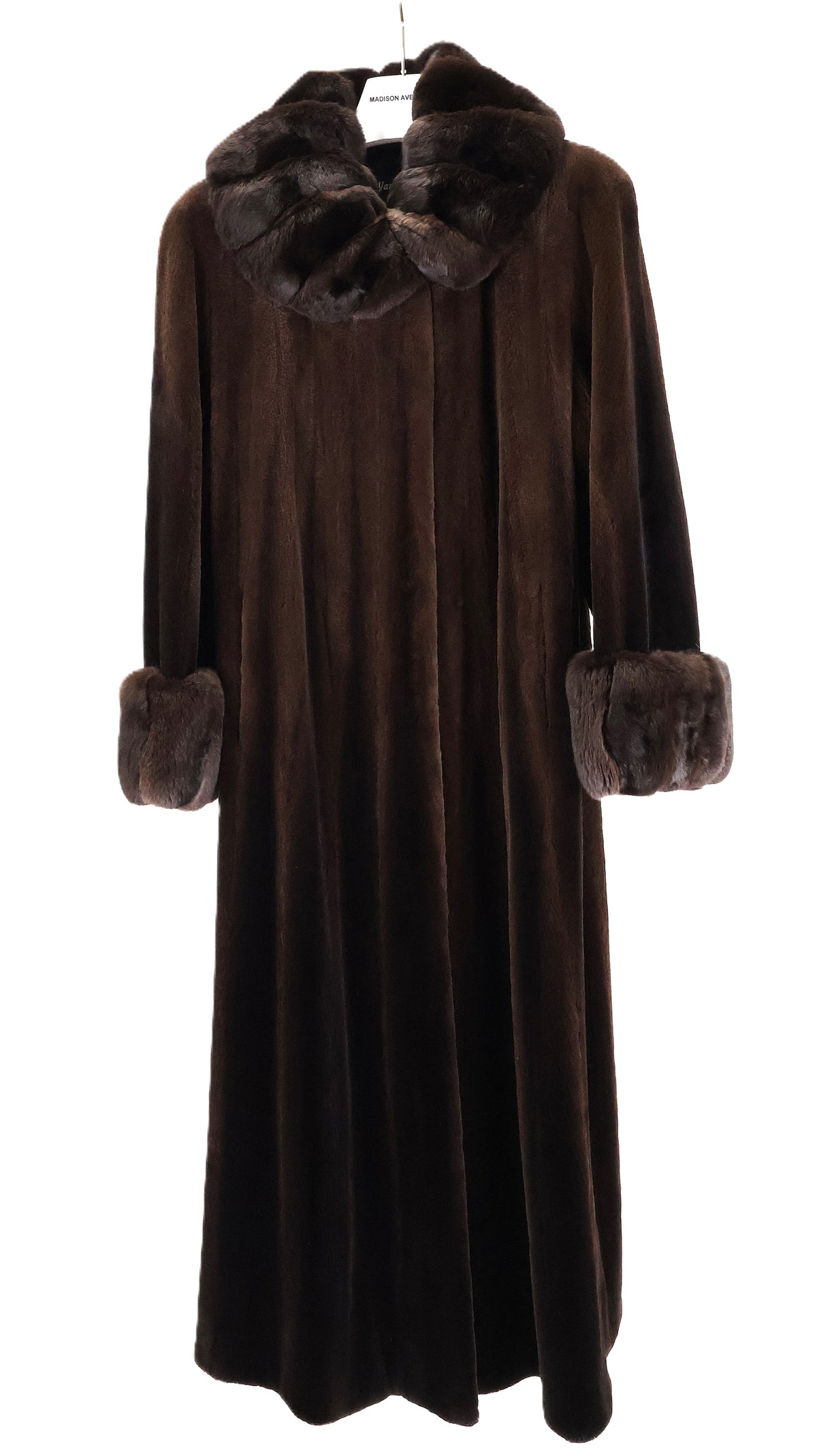 PRE-OWNED BROWN DYED SHEARED MINK COAT W/ BROWN DYED CHINCHILLA COLLAR & CUFFS