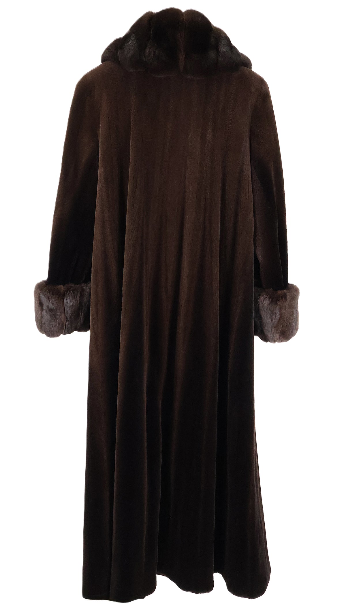 PRE-OWNED BROWN DYED SHEARED MINK COAT W/ BROWN DYED CHINCHILLA COLLAR & CUFFS