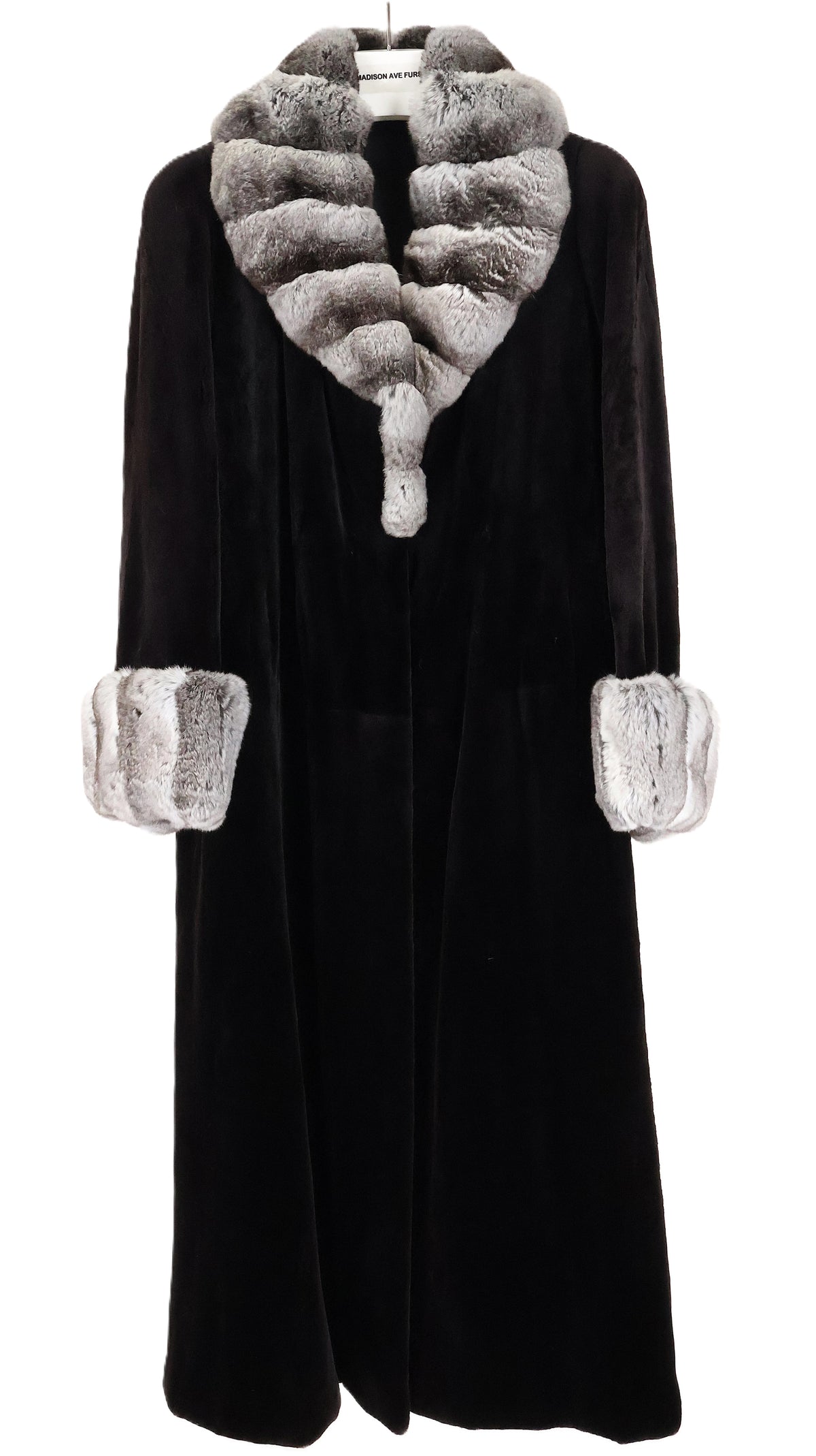 PRE-OWNED BLACK DYED SHEARED MINK COAT W/ NATURAL CHINCHILLA  CROSS-CUT COLLAR & CUFFS