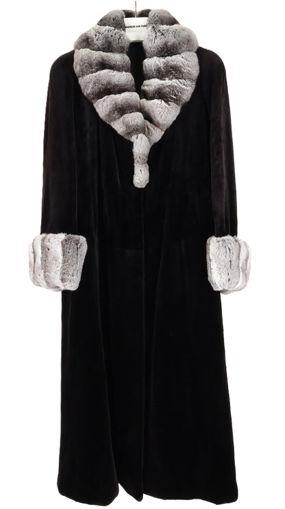 PRE-OWNED BLACK DYED SHEARED MINK COAT W/ NATURAL CHINCHILLA  CROSS-CUT COLLAR & CUFFS