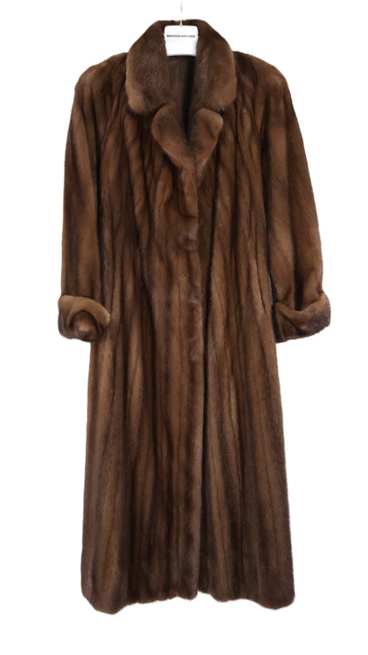 PRE-OWNED DEMI BUFF MINK COAT W/ NOTCH COLLAR, TURN BACK CUFFS & DETACHABLE MINK HALF BELT