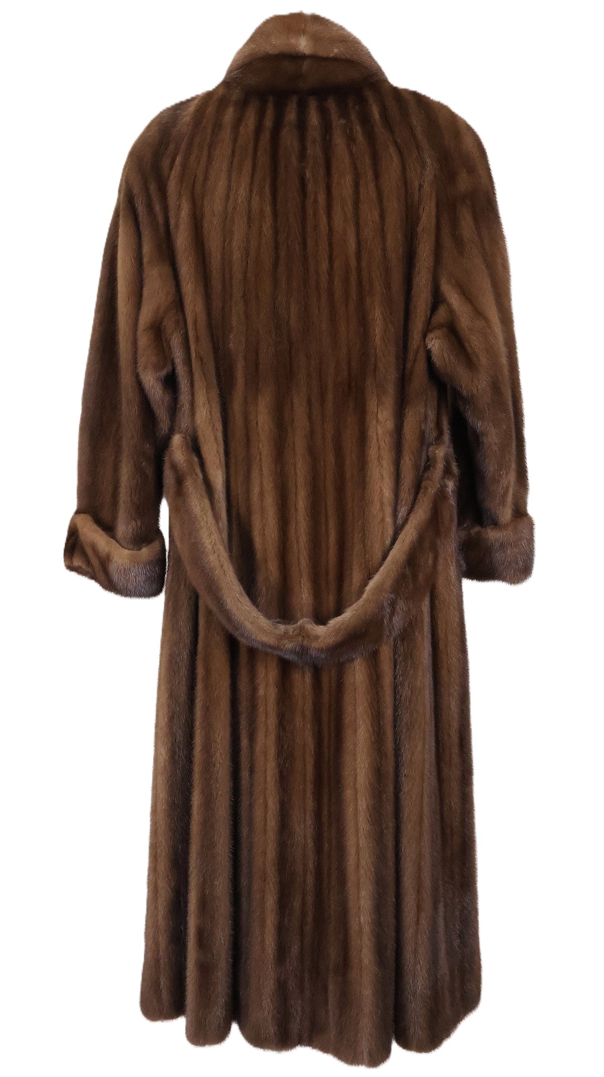 PRE-OWNED DEMI BUFF MINK COAT W/ NOTCH COLLAR, TURN BACK CUFFS & DETACHABLE MINK HALF BELT
