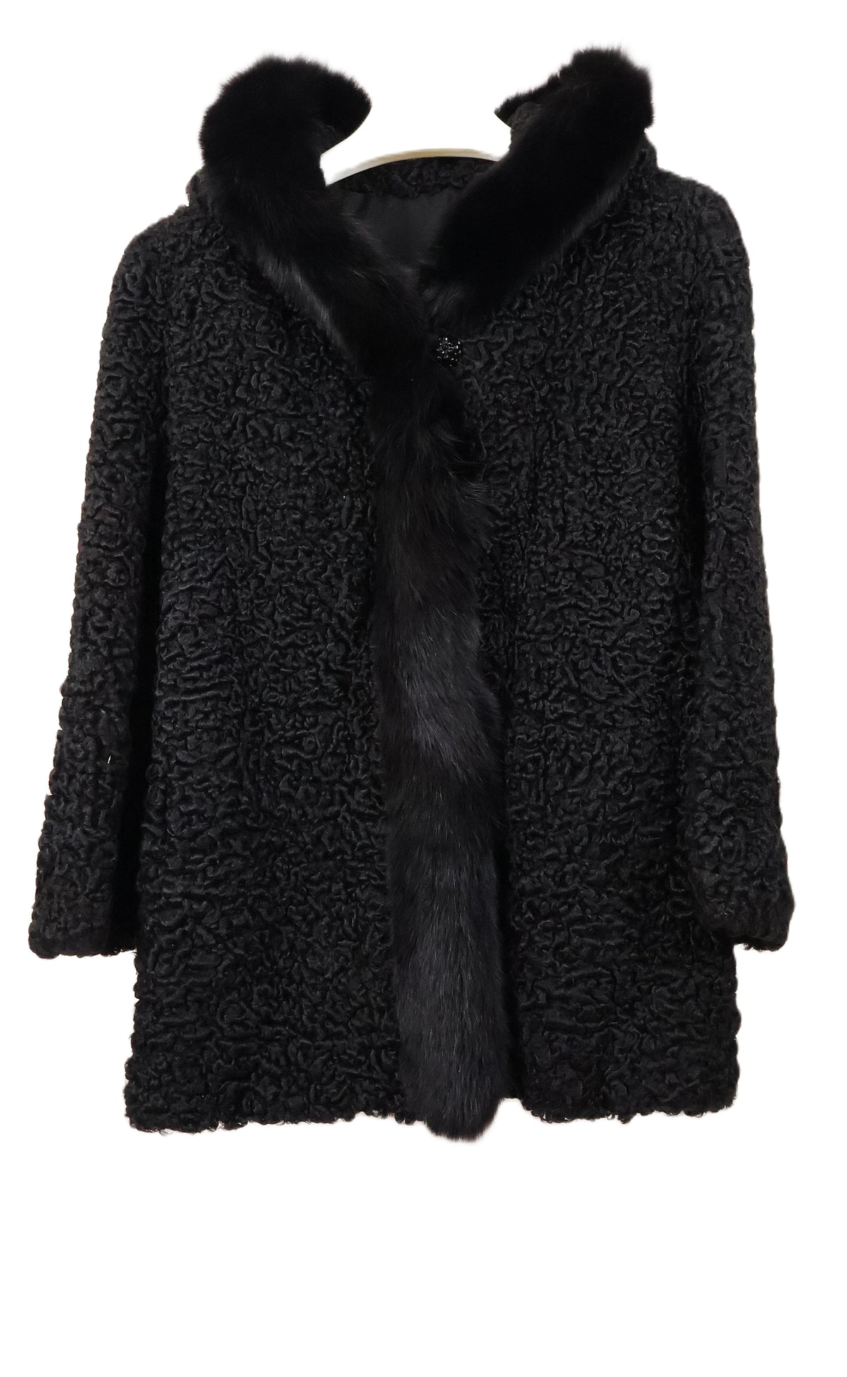PRE-OWNED BLACK HOODED PERSIAN LAMB 3/4 JACKET W/ BLACK FOX TRIM & TUXEDO FRONT & STRAIGHT SLEEVES