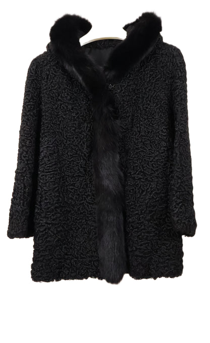 PRE-OWNED BLACK HOODED PERSIAN LAMB 3/4 JACKET W/ BLACK FOX TRIM & TUXEDO FRONT & STRAIGHT SLEEVES