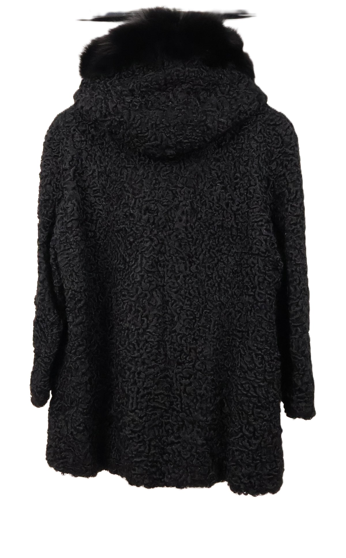 PRE-OWNED BLACK HOODED PERSIAN LAMB 3/4 JACKET W/ BLACK FOX TRIM & TUXEDO FRONT & STRAIGHT SLEEVES