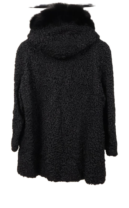 PRE-OWNED BLACK HOODED PERSIAN LAMB 3/4 JACKET W/ BLACK FOX TRIM & TUXEDO FRONT & STRAIGHT SLEEVES