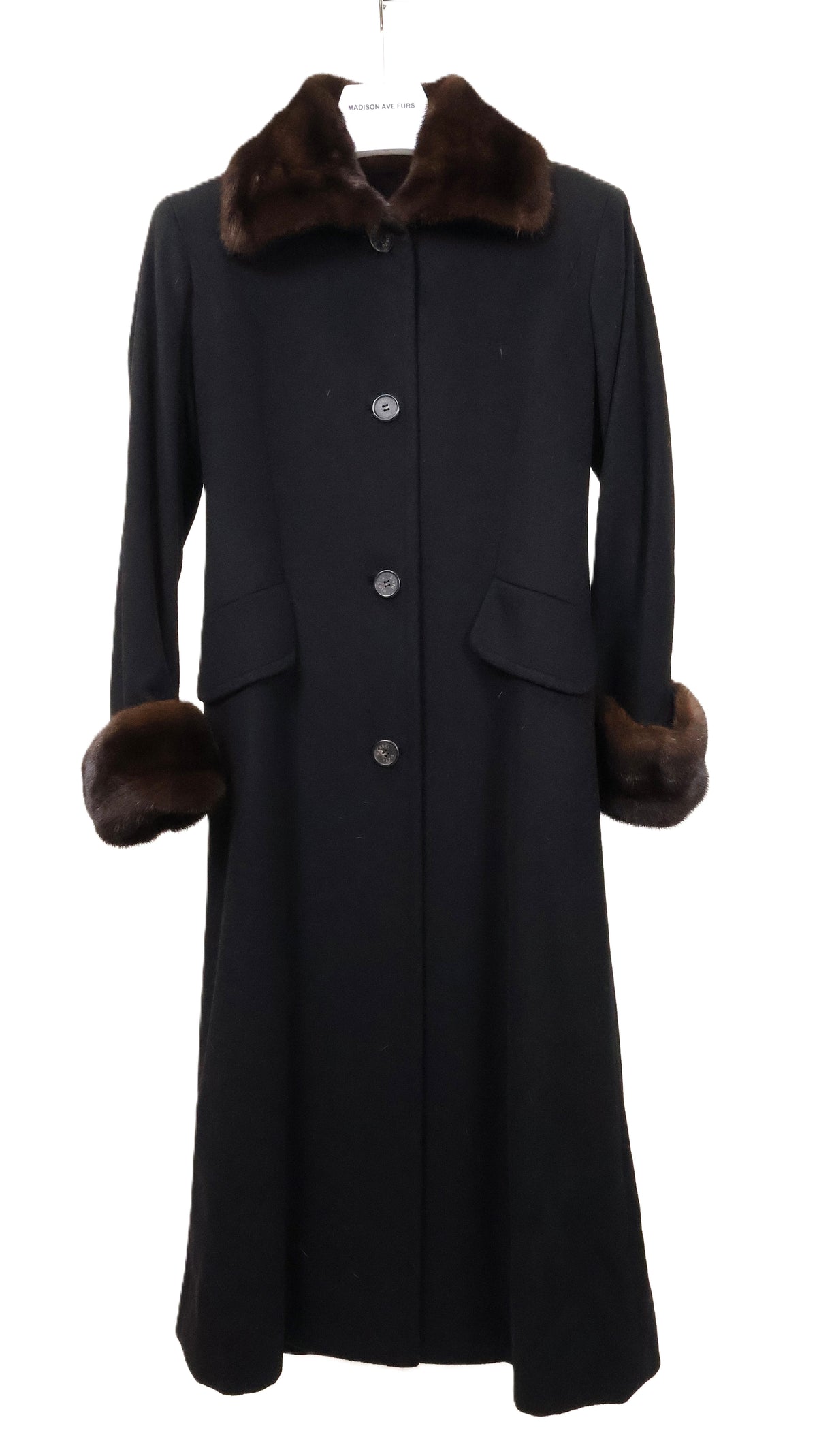 PRE-OWNED J. MENDEL BLACK CASHMERE COAT W/ MAHOGANY MINK WING COLLAR & TURN BACK CUFFS & BACK WAIST BELT