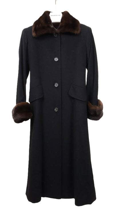 PRE-OWNED J. MENDEL BLACK CASHMERE COAT W/ MAHOGANY MINK WING COLLAR & TURN BACK CUFFS & BACK WAIST BELT