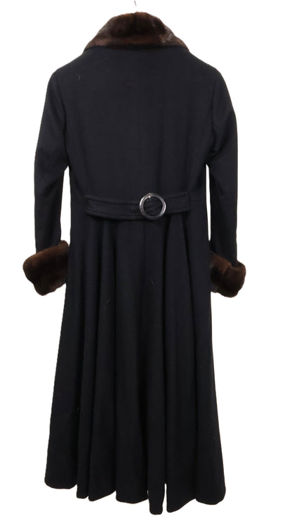 PRE-OWNED J. MENDEL BLACK CASHMERE COAT W/ MAHOGANY MINK WING COLLAR & TURN BACK CUFFS & BACK WAIST BELT