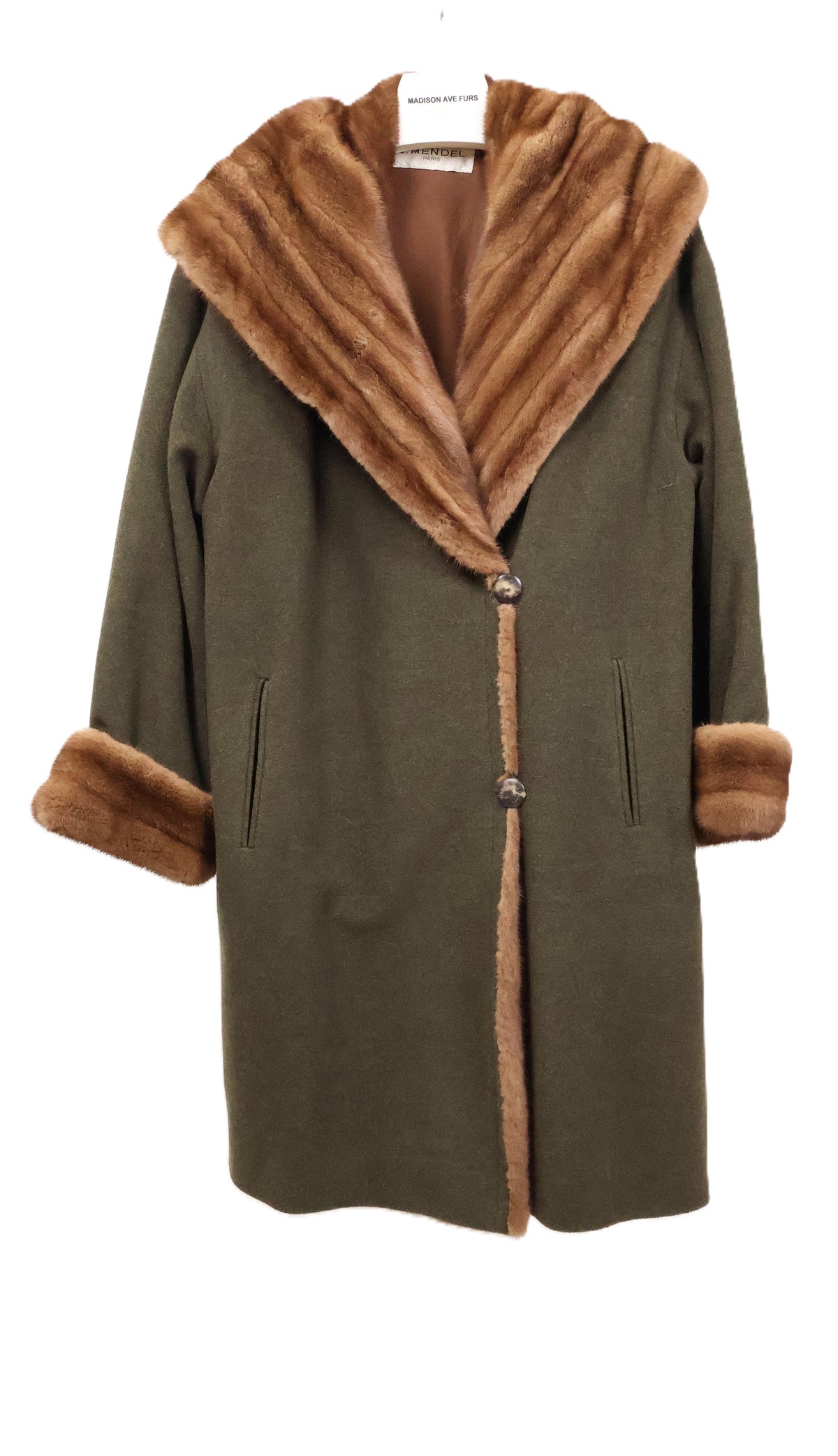 PRE-OWNED J. MENDEL LODEN GREEN CASHMERE STROLLER W/ WILD TYPE MINK OVERSIZED CAPE COLLAR/TUXEDO & TURN BACK CUFFS