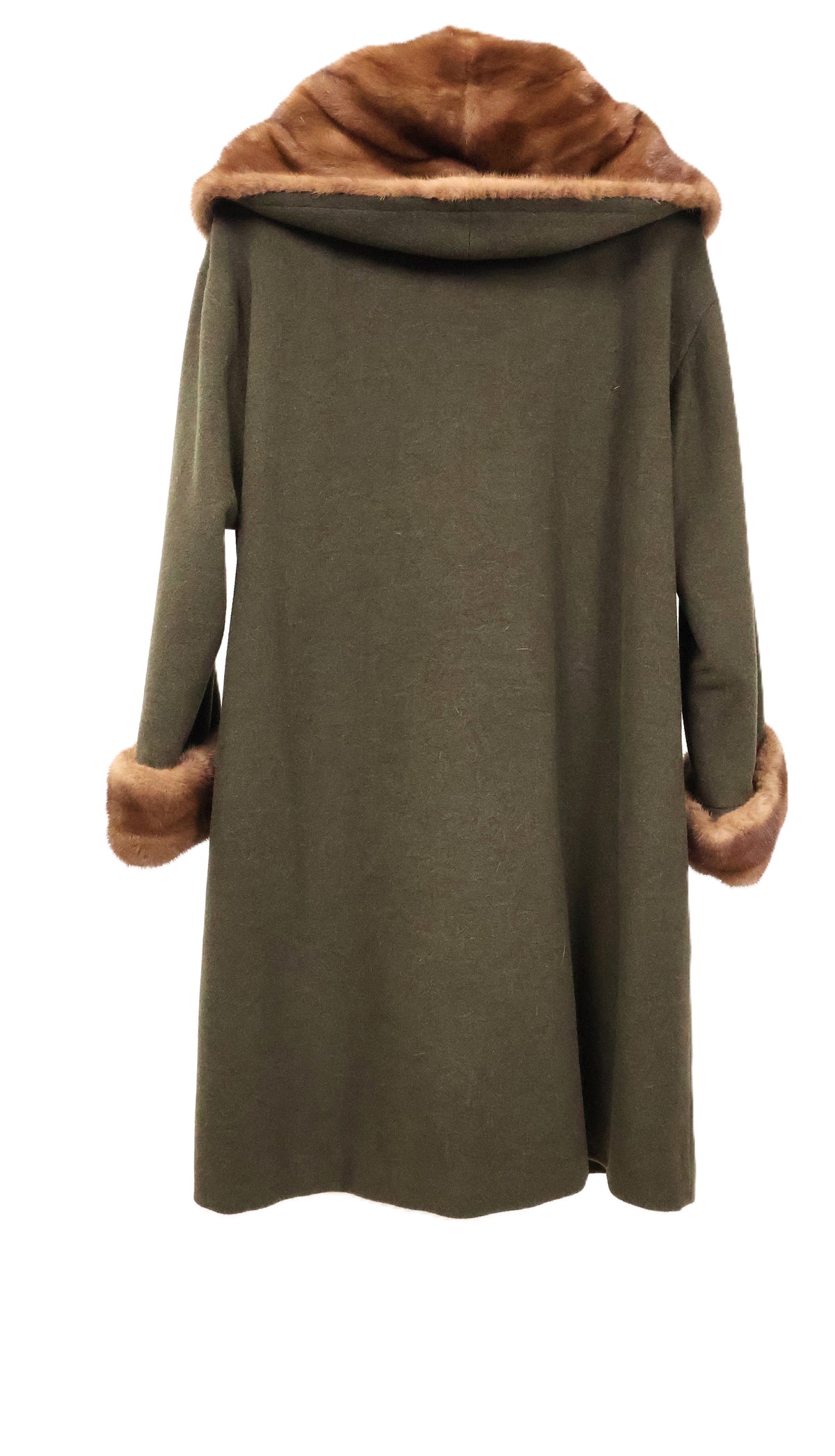 PRE-OWNED J. MENDEL LODEN GREEN CASHMERE STROLLER W/ WILD TYPE MINK OVERSIZED CAPE COLLAR/TUXEDO & TURN BACK CUFFS