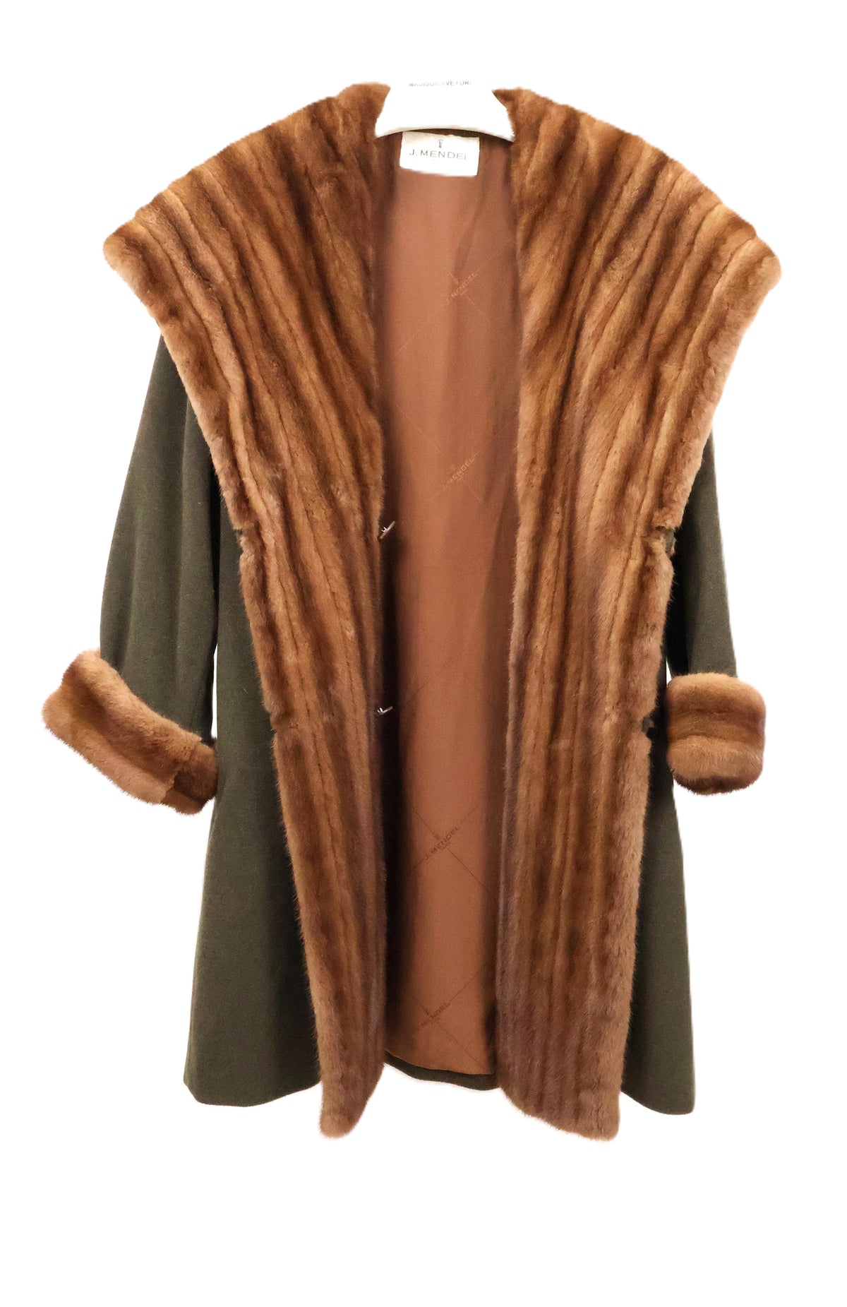 PRE-OWNED J. MENDEL LODEN GREEN CASHMERE STROLLER W/ WILD TYPE MINK OVERSIZED CAPE COLLAR/TUXEDO & TURN BACK CUFFS