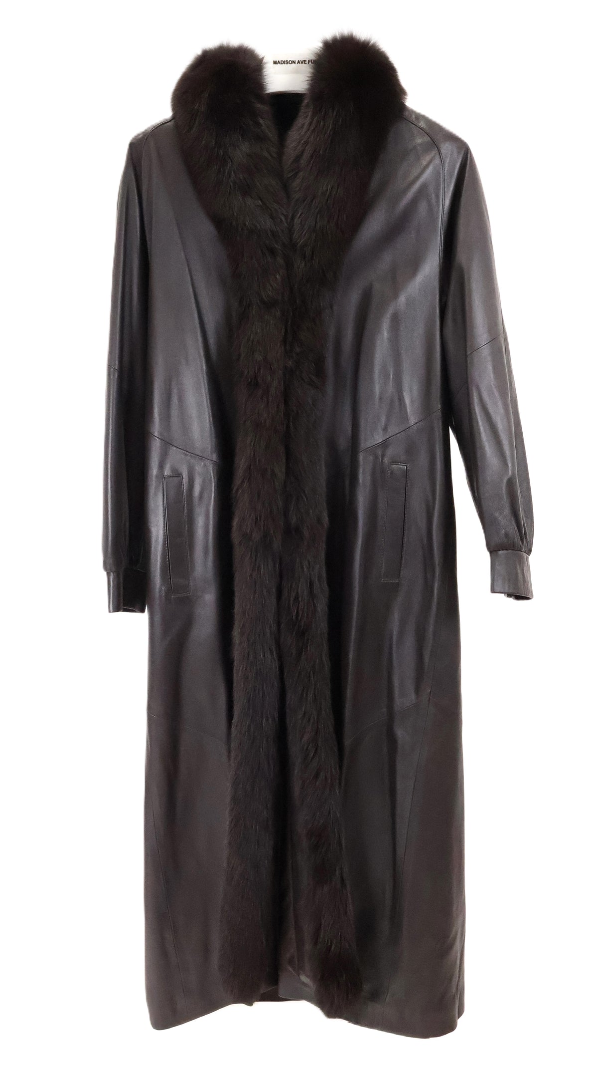 PRE-OWNED BROWN LEATHER COAT W/ BROWN FOX TUXEDO FRONT & COLLAR W/ BANDED CUFFS