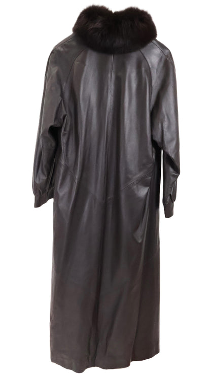 PRE-OWNED BROWN LEATHER COAT W/ BROWN FOX TUXEDO FRONT & COLLAR W/ BANDED CUFFS