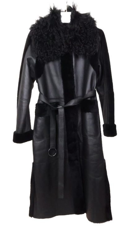 NEW BLACK SHEARLING COAT W/ PATCH POCKETS, SIDE SLITS, TURN BACK CUFFS & OVERSIZED CURLY LAMB WING COLLAR