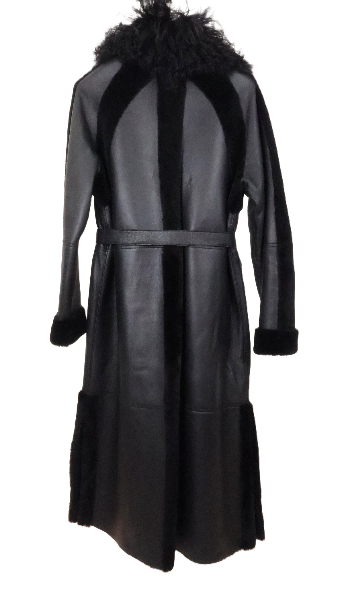 NEW BLACK SHEARLING COAT W/ PATCH POCKETS, SIDE SLITS, TURN BACK CUFFS & OVERSIZED CURLY LAMB WING COLLAR