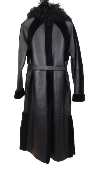 NEW BLACK SHEARLING COAT W/ PATCH POCKETS, SIDE SLITS, TURN BACK CUFFS & OVERSIZED CURLY LAMB WING COLLAR