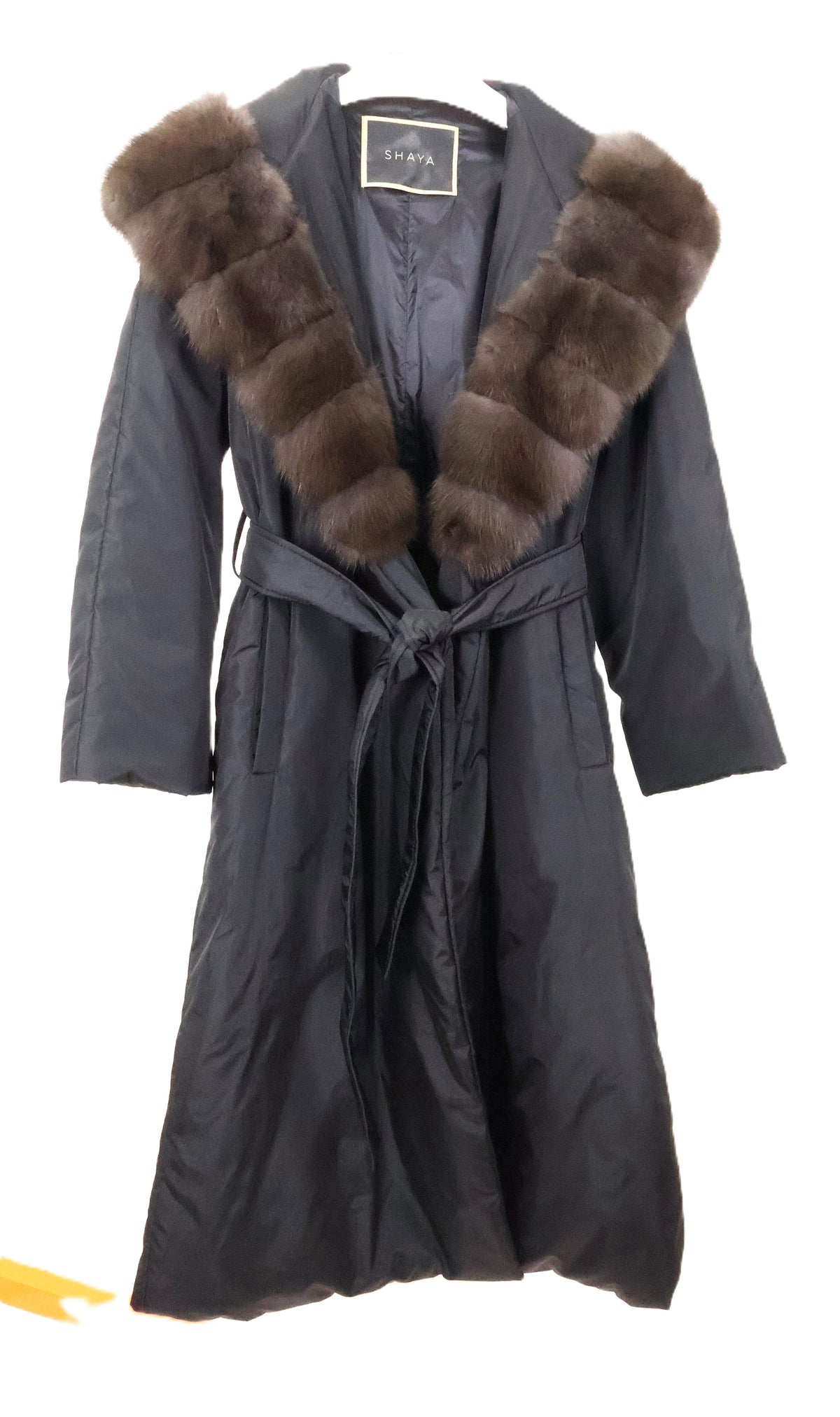 NEW BLACK DOWN HOODED & BELTED COAT W/ MARTEN TRIM
