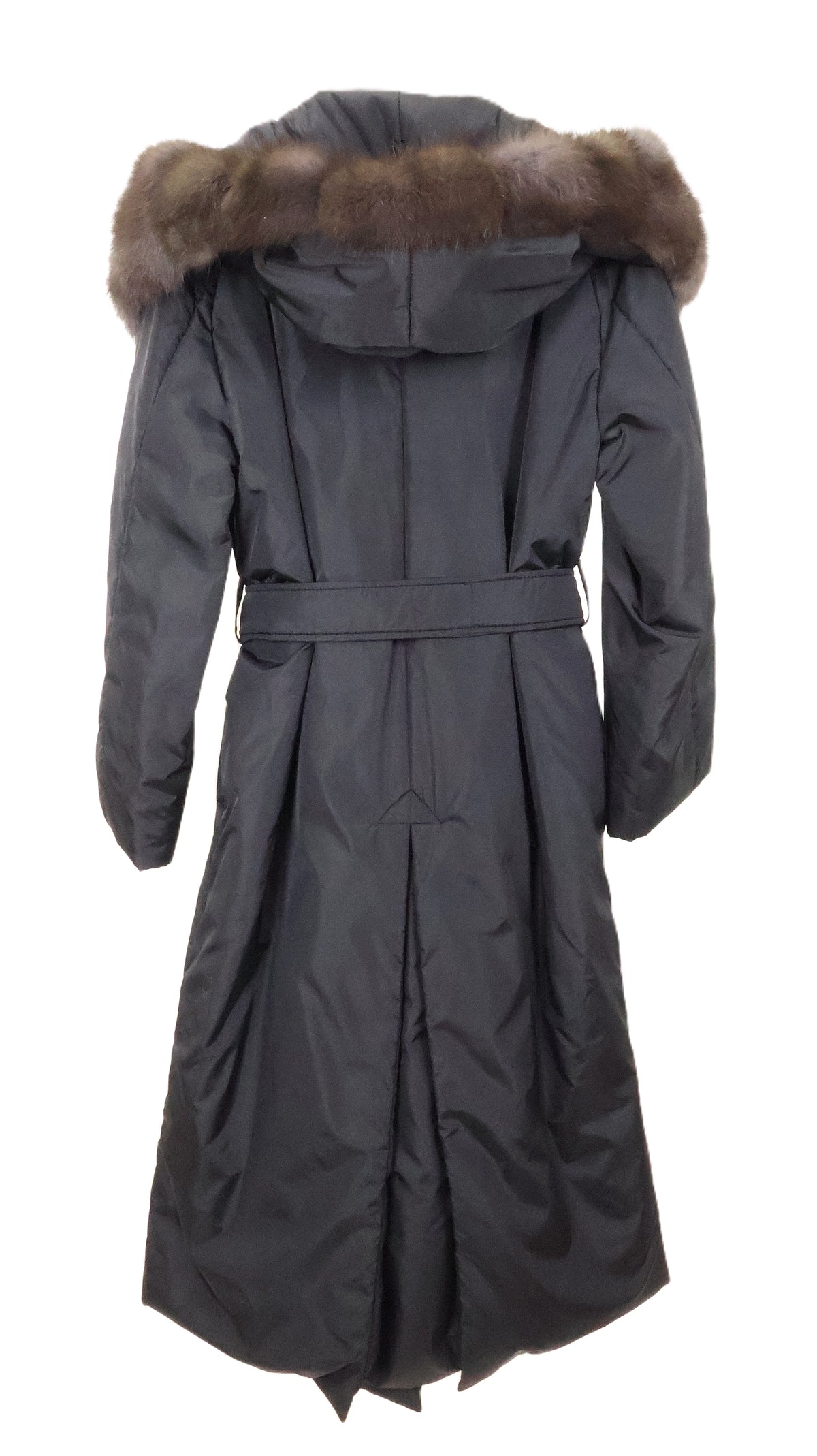 NEW BLACK DOWN HOODED & BELTED COAT W/ MARTEN TRIM