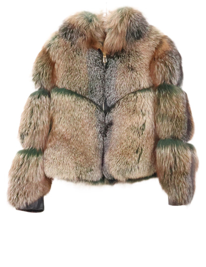 NEW DEEP GREEN FROST FOX JACKET , SIDE LEATHER ZIPPER SLITS W/ WING COLLAR & HORIZONTAL SLEEVES