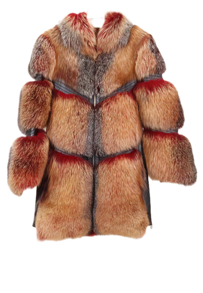 NEW DEEP RED FROST BURGANDY FOX 3/4 JACKET, SIDE LEATHER ZIPPER SLITS, CHEVRON DESIGN W/ WING COLLAR