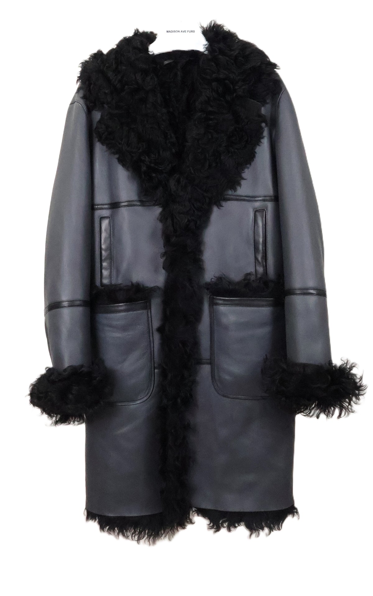NEW MEN'S GREY/BLACK TIGRADO SHEARLING 7/8 COAT W/ CURLY LAMB NOTCH COLLAR, TURN BACK CUFFS & PATCH POCKETS