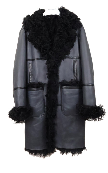 NEW MEN'S GREY/BLACK TIGRADO SHEARLING 7/8 COAT W/ CURLY LAMB NOTCH COLLAR, TURN BACK CUFFS & PATCH POCKETS