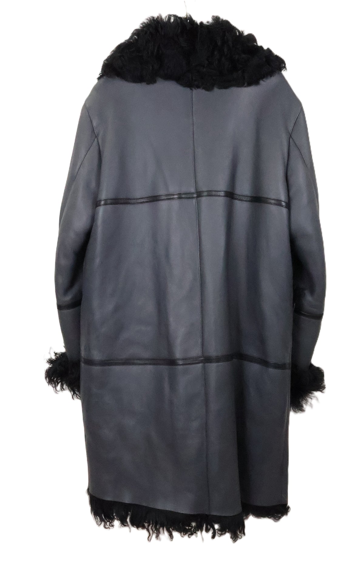 NEW MEN'S GREY/BLACK TIGRADO SHEARLING 7/8 COAT W/ CURLY LAMB NOTCH COLLAR, TURN BACK CUFFS & PATCH POCKETS