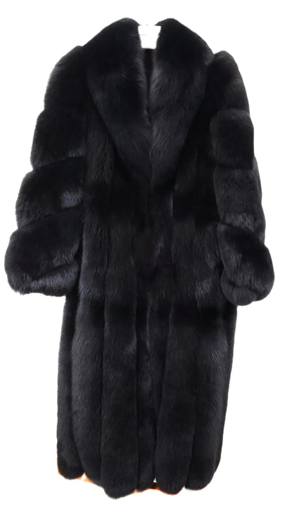 NEW BLACK DYED FOX COAT W/ SHAWL COLLAR, DIAGONAL SLEEVES & INSIDE DRAWSTRING