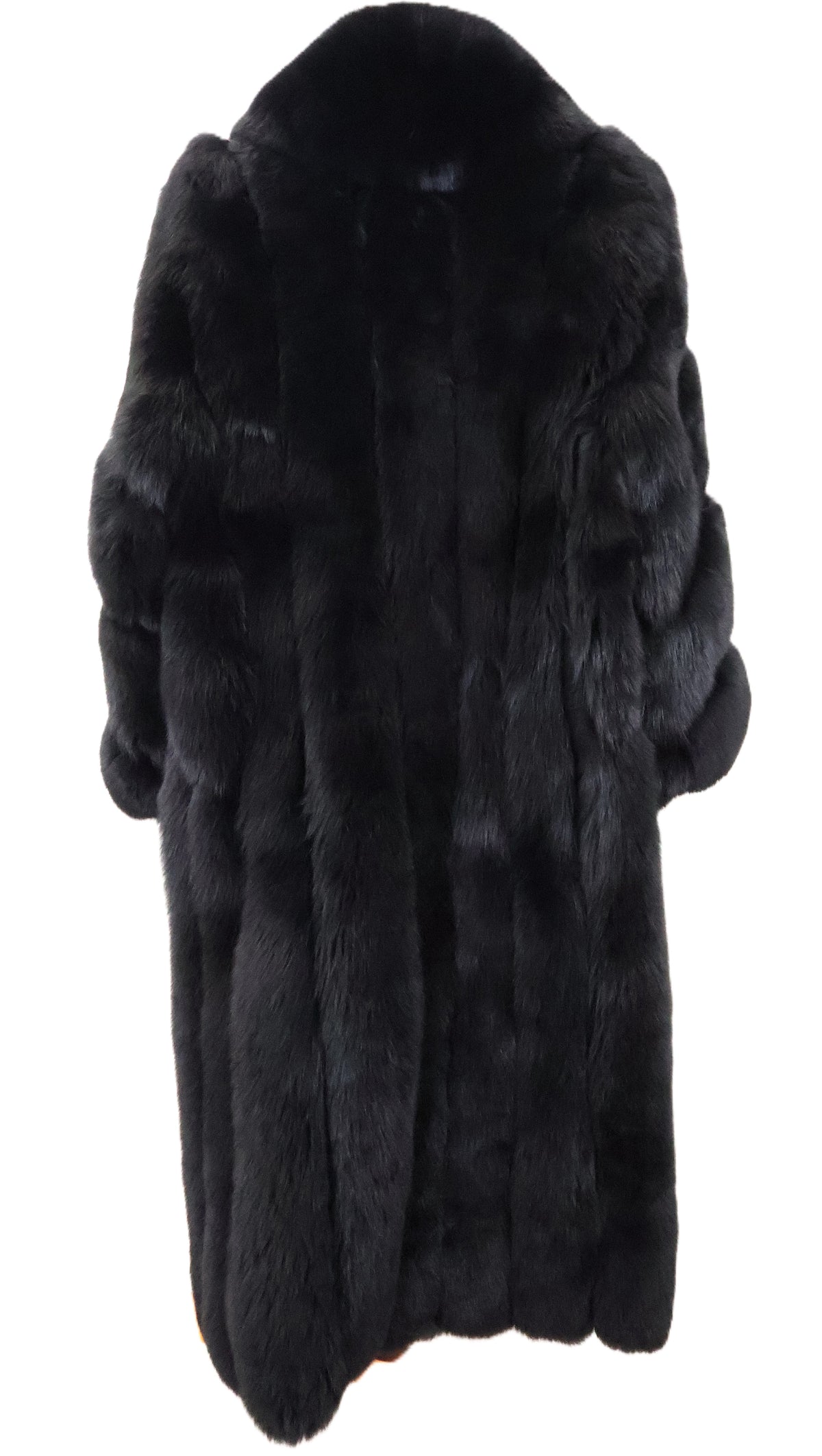 NEW BLACK DYED FOX COAT W/ SHAWL COLLAR, DIAGONAL SLEEVES & INSIDE DRAWSTRING