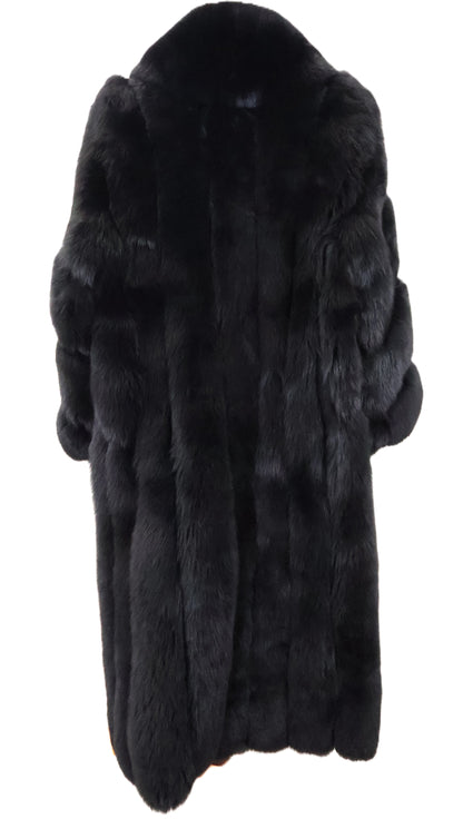 NEW BLACK DYED FOX COAT W/ SHAWL COLLAR, DIAGONAL SLEEVES & INSIDE DRAWSTRING