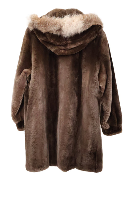 PRE-OWNED NATURAL SHEARED BEAVER HOODED STROLLER W/ CRYSTAL FOX TRIM ON HOOD, BANDED CUFFS, INSIDE DRAWSTRING
