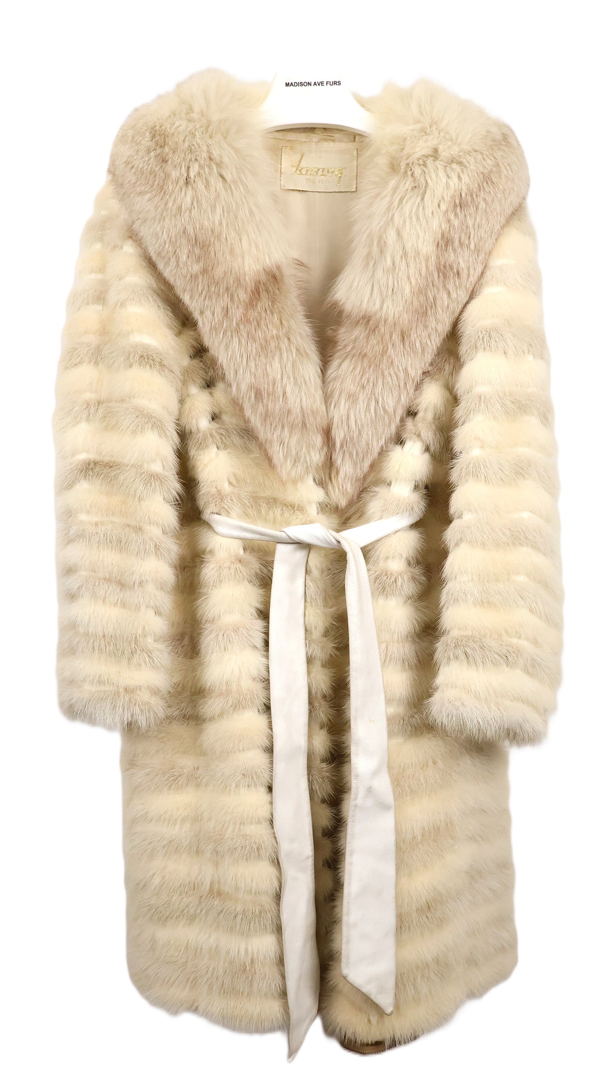 PRE-OWNED TWO-TONE MINK SECTION W/ ZIP OFF HEM , FOX  SHAWL COLLAR & LEATHER WRAP BELT