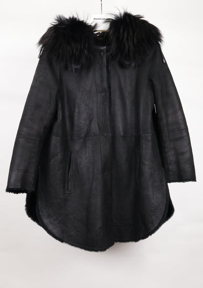 PRE-OWNED BLACK SHEARLING HOODED 3/4 W/ BLACK FOX TRIM & SIDE SLITS