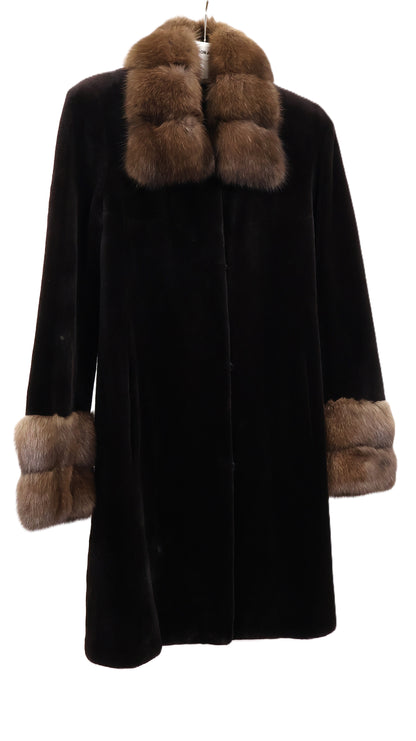 PRE-OWNED BISANG MATARA DYED SHEARED MINK 3/4 JACKET W/ RUSSIAN SABLE COLLAR & CUFFS