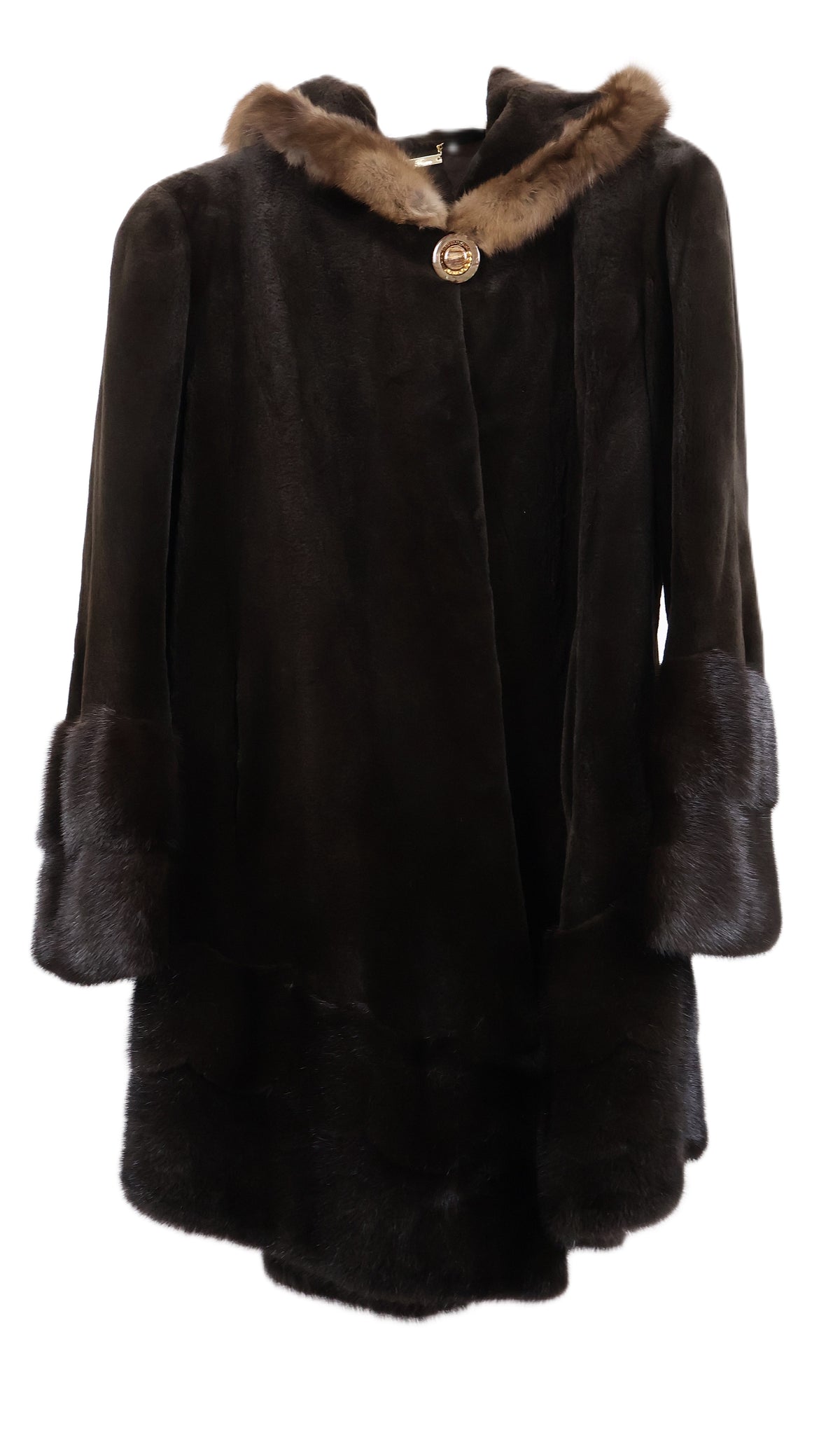 PRE-OWNED DYED MATARA HOODED SHEARED MINK W/ SABLE TRIM ON HOOD & LONG HAIR MINK AT BOTTOM