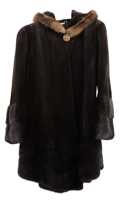 PRE-OWNED DYED MATARA HOODED SHEARED MINK W/ SABLE TRIM ON HOOD & LONG HAIR MINK AT BOTTOM