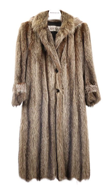 PRE-OWNED ADOLFO RACCOON COAT W/ DETACHABLE HOOD & SLEEVE EPAULETS & VENTED BACK