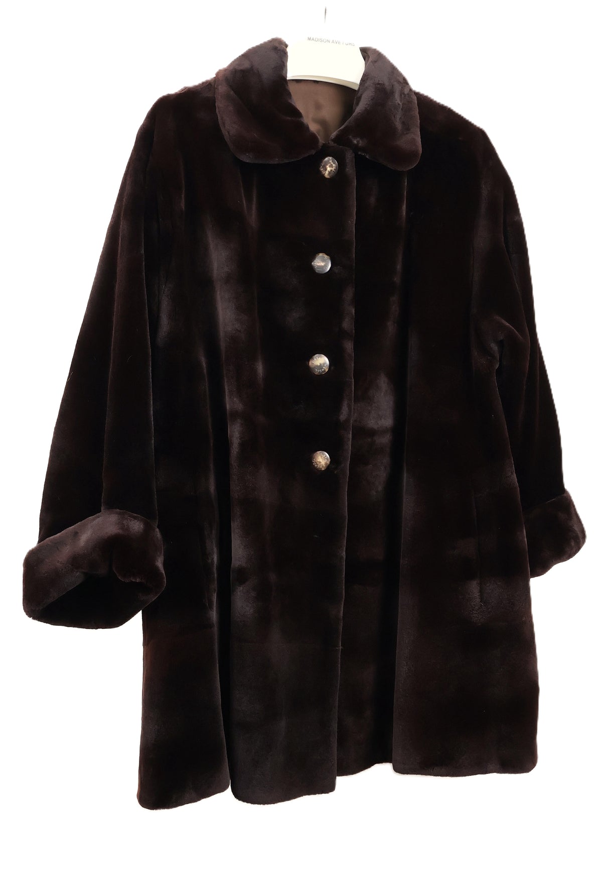 PRE-OWNED J.MENDEL MATARA DYED SHEARED MINK REVERSIBLE TO TAFFETA W/ WING COLLAR & TURN BACK CUFFS