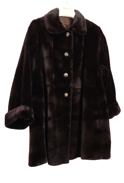 PRE-OWNED J.MENDEL MATARA DYED SHEARED MINK REVERSIBLE TO TAFFETA W/ WING COLLAR & TURN BACK CUFFS
