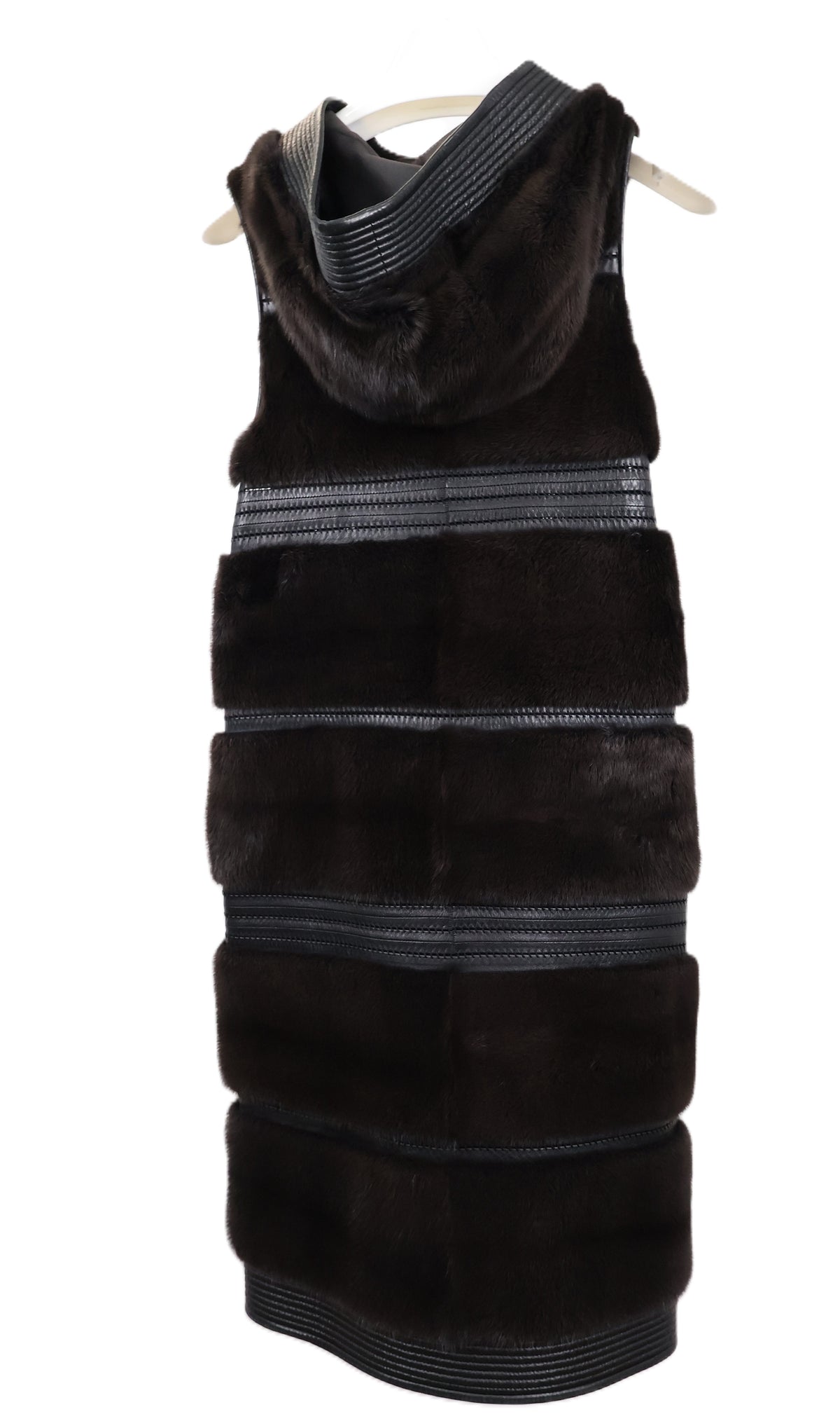 PRE-OWNED J.MENDEL GREY MINK & LEATHER HORIZONTAL HOODED LONG VEST