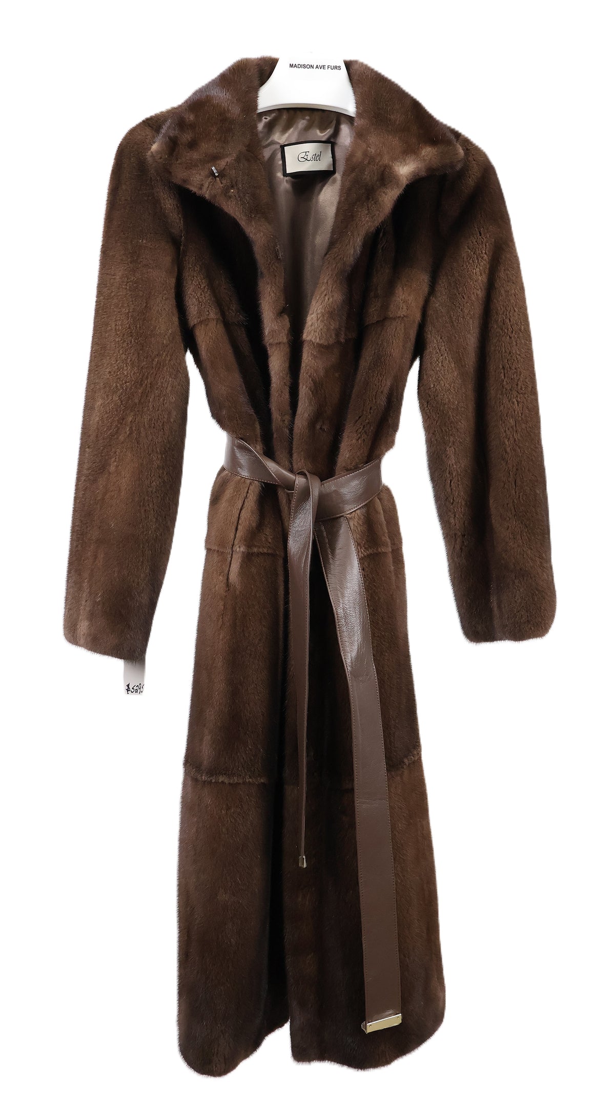NEW DEMI BUFF MINK TIERED MINK COAT W/ LEATHER BELT & SIDE SLITS & WING COLLAR