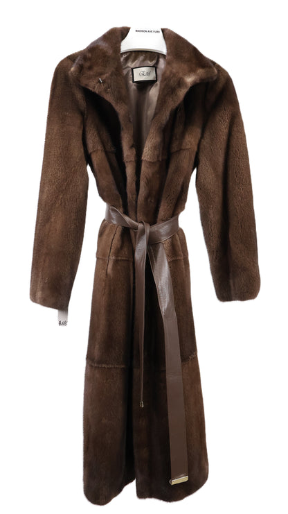 NEW DEMI BUFF MINK TIERED MINK COAT W/ LEATHER BELT & SIDE SLITS & WING COLLAR