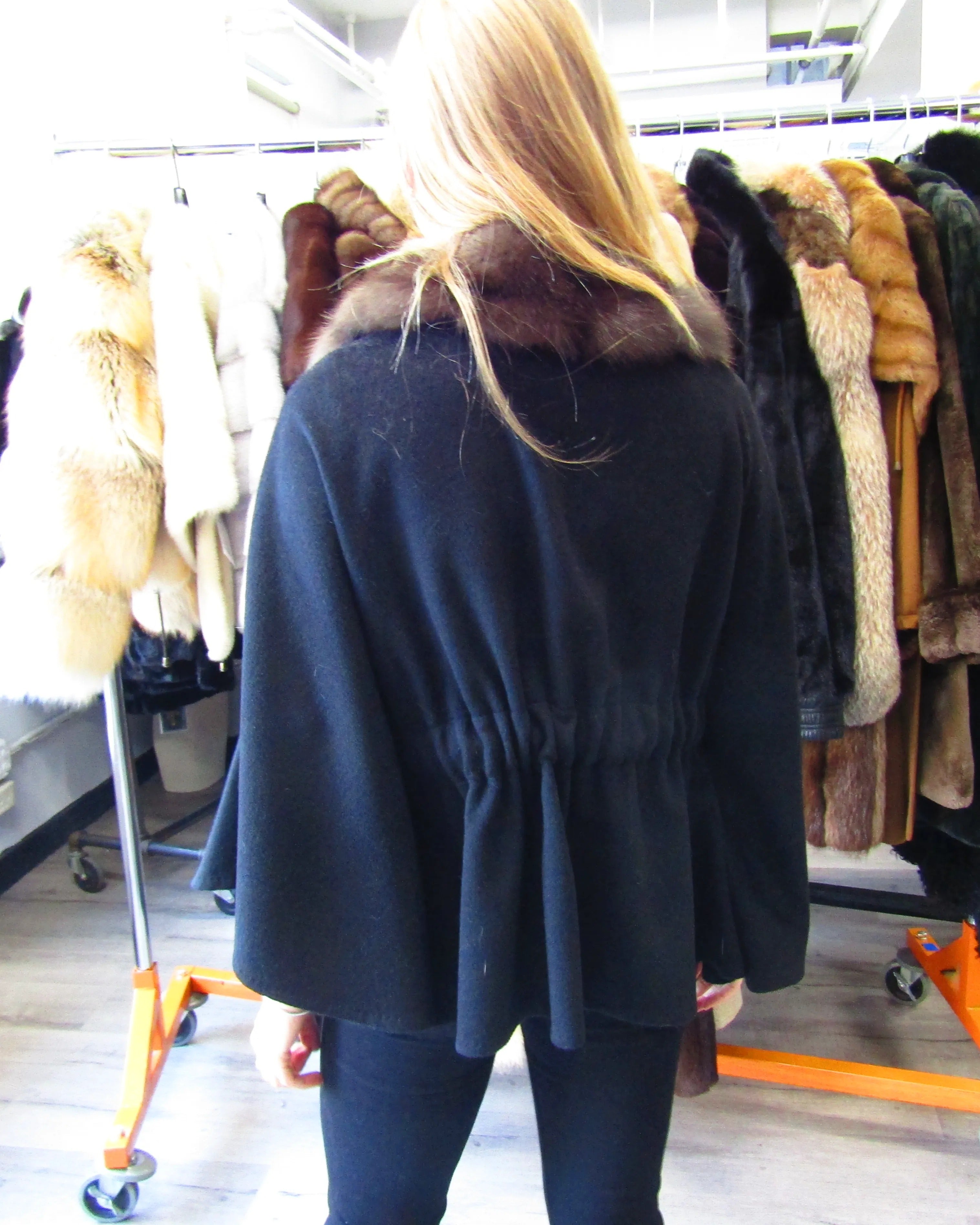 BLACK CASHMERE CAPE W/SABLE TUXEDO