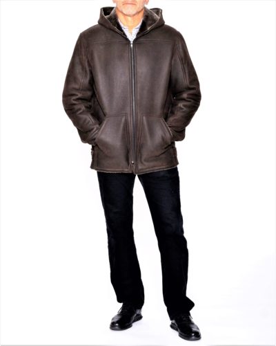 New Men’s Brown Napa Shearling Jacket w/ Hood